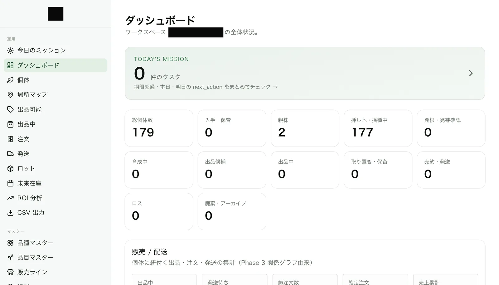 栽培資産の台帳アプリのダッシュボード画面